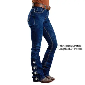 Flamingals Wash Button Side Mid Waist Flare Leg Jeans Without Belt