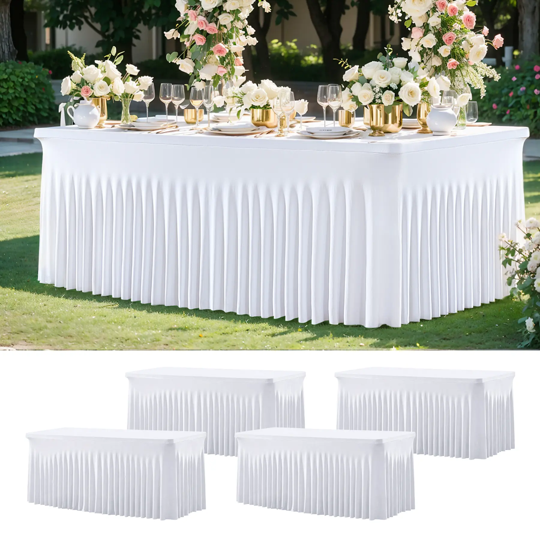 4-Piece Stretchy Elastane Spandex Fitted Rectangle Tablecloth Set - European Holiday, Wrinkle-Free Home Event, Banquet, Birthday Party Supplies, Decor for Weddings