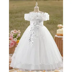 Off-shoulder sequined chiffon party princess dress; elegant, shiny faux fur dress for a birthday host’s piano concert; children’s party clothing GARMENTARY