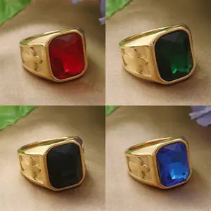 Retro Zircon Cross Ring, European and American Jewelry Multi-color Synthetic Zircon Gold Ring, Retro Trendy Men's Punk Stainless Steel Cross Ring
