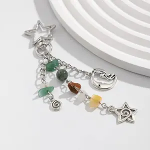 Vintage Bohemian Star Moon Pendant Keychain, Irregular Stone Charm, Butterfly Phone Accessory, Glass Bead Bag Decor, Couple Jewelry, Trendy Cute Keychain, Keychain For Bags