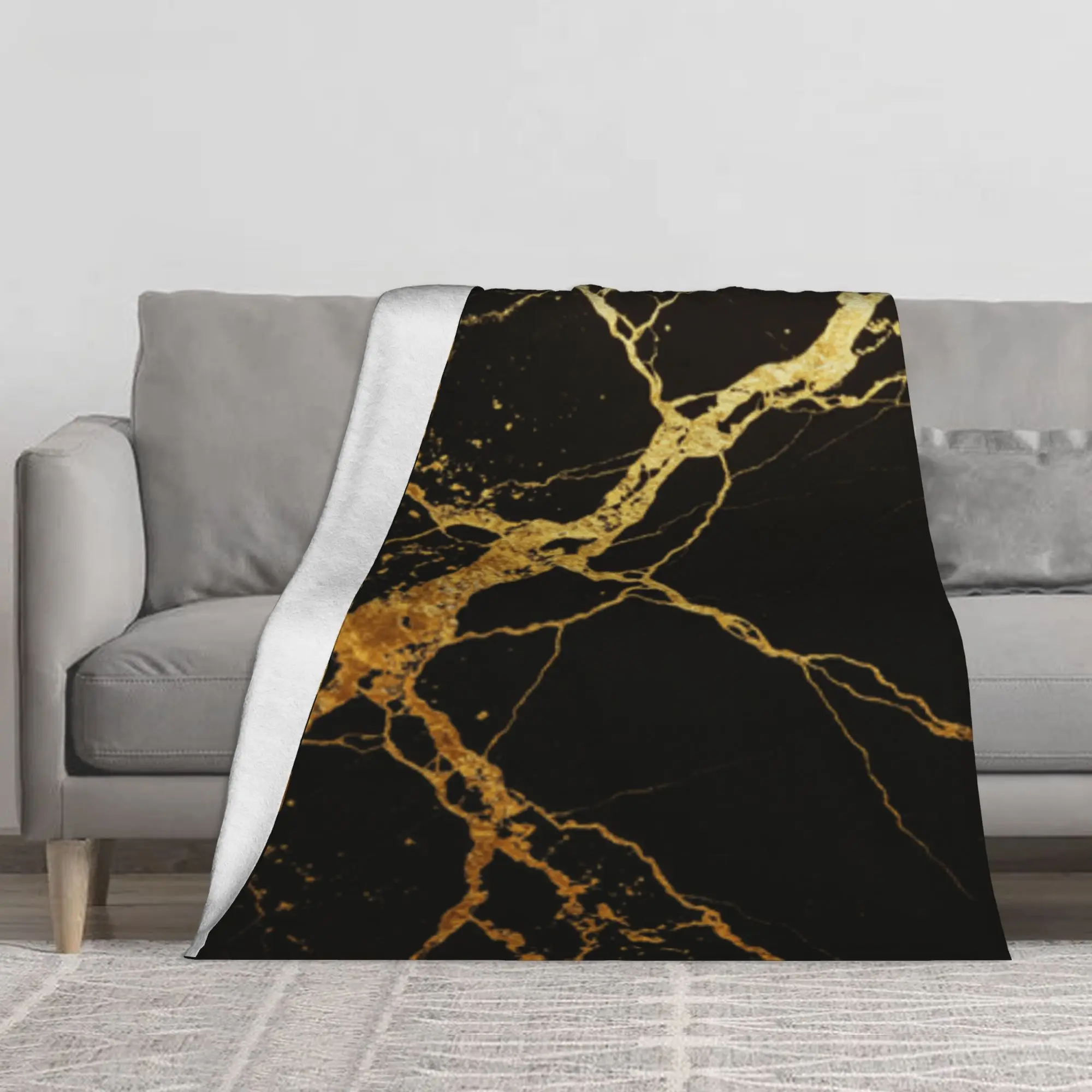 Luxury Black Gold Marble Kintsugi Flannel Throw Blanket, Large Soft Lightweight Warm Decor Blanket, Multi-Purpose Sofa Cover, Wall & Front Door Hanging Tapestry, Elegant Modern Gift for Family and Friends