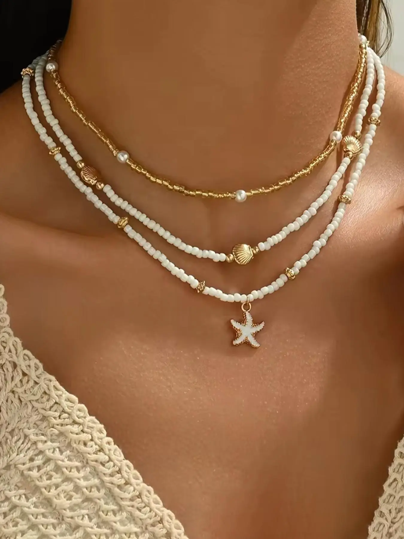 Boho Style Starfish & Shell & Faux Pearl Decor Necklace, Beach Boho Necklace, Beaded Necklace, Fashion Jewelry for Party, Daily Clothing Decor, Trendy All-match & Exquisite Jewelry for Birthday Gift, Necklace Set