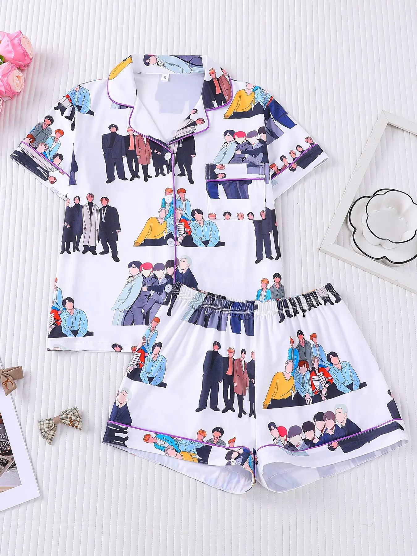2 Piece Women's Kpop Group Cartoon Allover Print Short Sleeve Pajama Set, Matching Pajamas Set, Summer Lapel Button Down Loungewear, Breathable Soft Knit Sleepwear for Women, Nightwear Pajamas