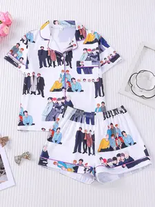 2 Piece Women's Kpop Group Cartoon Allover Print Short Sleeve Pajama Set, Summer Lapel Button Down Comfortable Loungewear, Breathable Soft Knit Sleepwear for Women, Kpop Idol Printed Viral PJs, Wearable Lazy Style Homewear Two Piece Set