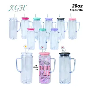 AGH [New Arrive] 12pcs 20 oz Snow Globe Handle Tumbler Mixed Color Double Wall Plastic Handle Cups with Straw Topper for DIY Glitter Gift Water Bottle