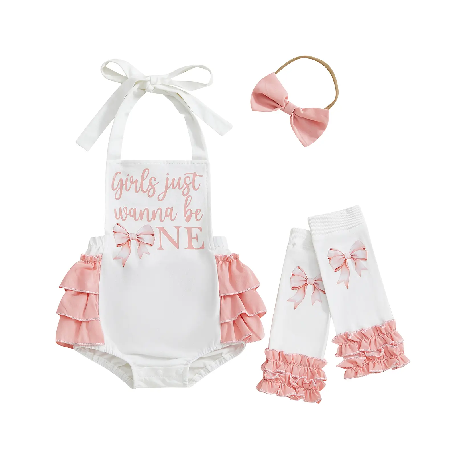 [Lullaby] Baby Girl Clothes Sets Letter Pattern Sleeveless Halter Neck Romper and Ruffled Stockings with Bow Headband
