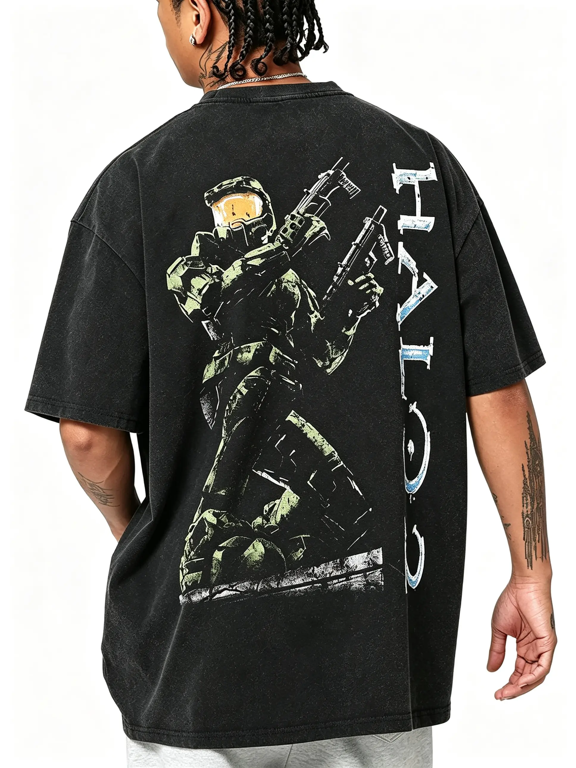 Vintage Washed Halo Master Chief Back Print T-Shirt Oversized Retro Game Graphic Tee Mens Casual Streetwear Short Sleeve Top Halo Gamer Fan Gift Black Crewneck Tshirt