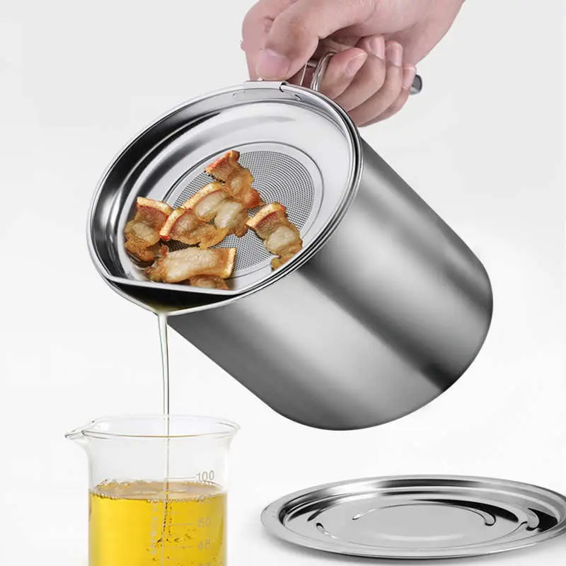 1PC Stainless Steel Oil Pot For Household Use With Filter Screen Kitchen Oil Residue Filter Oil Tank Filter And Oil Purifier