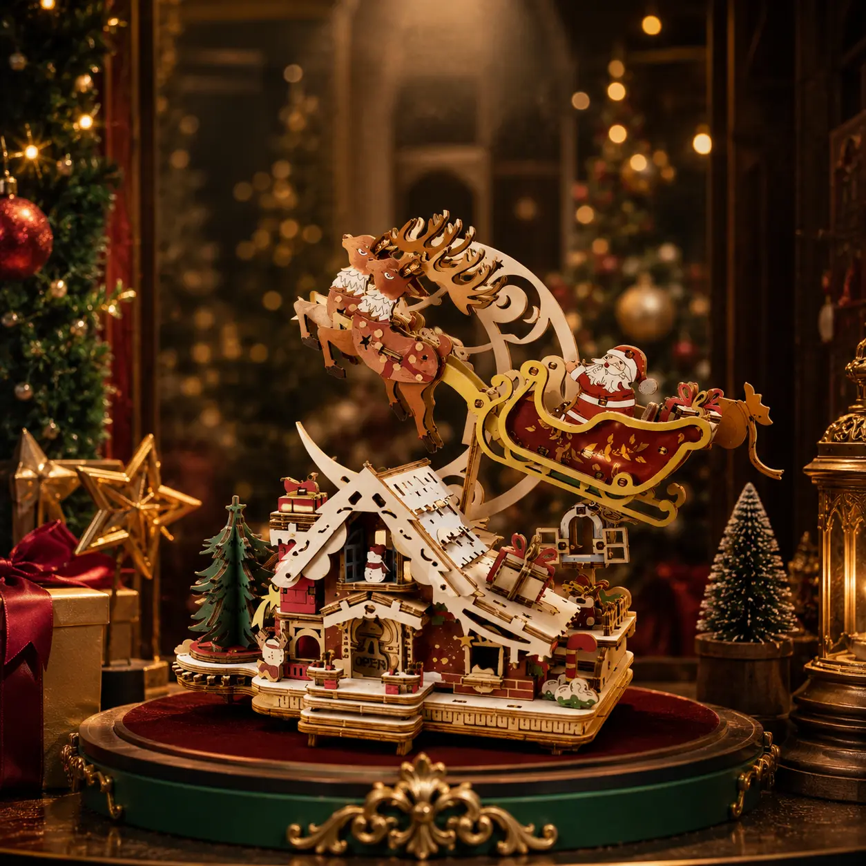 DIY Christmas Music Box Kit - 3D Wooden Puzzle with Wind-Up Key, Melody & Moving Santa Sleigh, Holiday Decor for Adults, Adult Craft Lovers Collectible Tabletop Ornament
