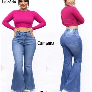 Campana Licrado Women's Flared Jeans with High Waist and Long Sleeves, Blue Denim, Comfortable Fit