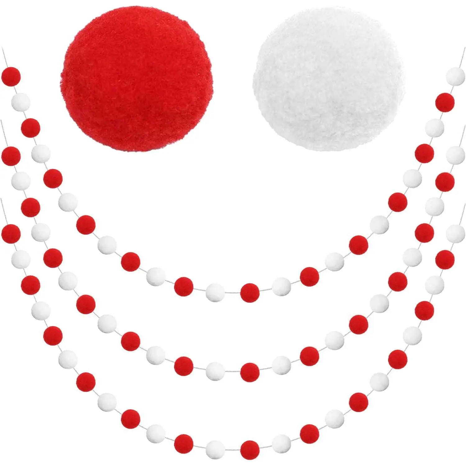 3-Pack Pom Pom Garland Red and White Felt Ball Ornament Garland Christmas Decorations, Cute Pompom Strings for Christmas Tree Decor, Xmas Holiday Party, Birthday Banner - 6.6  Long, 24 Balls
