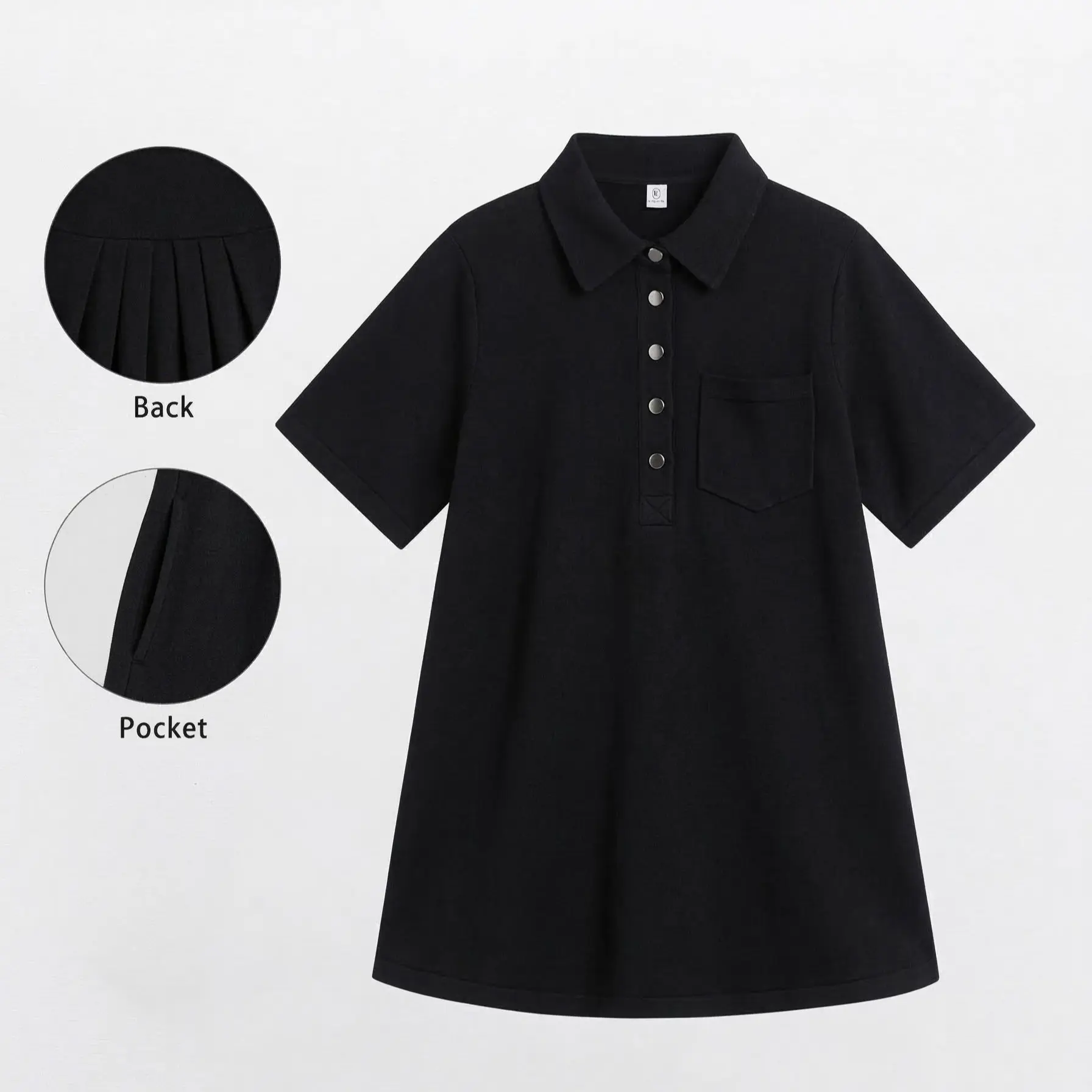 Elengatine Women Elegant Solid Black Knit Dress, Stylish Pleated Back Short Sleeve Tunic Dress, Premium Snap Button Polo A-Line Dress, Casual Flowy Summer Sundress, Chic Preppy Aesthetic Streetwear