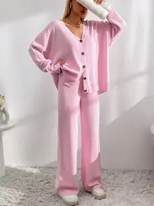Women's Solid Color Button Front Drop Shoulder V-Neck Cardigan & Elastic Waist Wide Leg Pants Set, Fall Winter Everyday Casual Knitwear Outfit Basic