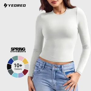 YEOREO Long Sleeve Shirts for Women y2k Tops Double Lined Basic Tee Crew Neck Sweeney Workout Undershirt