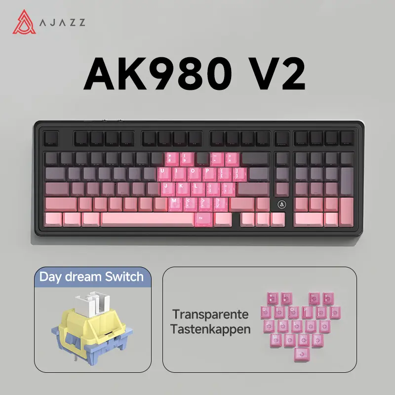 AJAZZ AK980 V2 Tri-Mode Wireless Heart-Shaped Keycaps Cream Keyboard with TFT Smart Display Screen & Knob, 10,000mAh Battery, 98-Key Layout, Hot-Swappable, Gasket-Mounted, Quiet Computer Keyboard