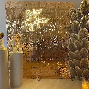24/30/36/49pcs Large Shimmer Wall Backdrop Gold Square Glitter Panels DIY Wedding Anniversary Birthday Party Backdrop Decoration Photo Props Led Banners with Sequins and Ornaments