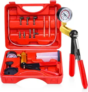2-in-1 Handheld Vacuum Pump & Brake Bleeder Kit, 16PCS Automotive Brake Bleeding Tools with Pressure Gauge & Adapters, Brake Fluid Bleeder Set for Motorcycle, Car, Bike, and Truck (Red)