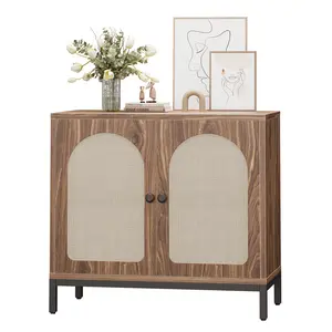 Rattan Arched Storage Cabinet, 2-Door Buffet Sideboard Console Table with Adjustable Shelf, Wood Grain Accent Cabinet for Living Room, Dining Room, Hallway