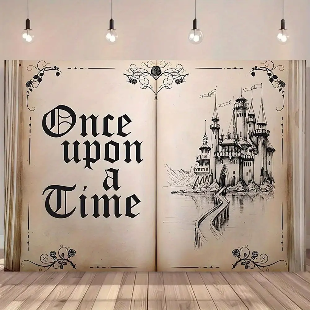 Large Enchanted Storybook Castle Background Banner, Polyester Floral Festive Decor with Whimsical Fairy Tale Illustration and "Once Upon a Time" Text, for Birthday Magical Celebrations, Photo Booths, Flowers, Whimsical Art
