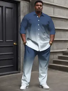 Plus-size men's long-sleeve two-piece suit set, gradient color design, comfortable fabric, relaxed casual wear for home and outings.