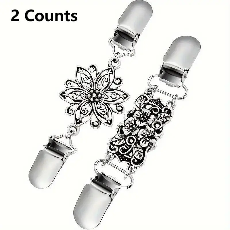 Vintage Style Flower Shaped Shirt Clips, Pin Clip, Flower Pins, 2 Counts Cardigan Collar Clips Set, vintage craftsmanship unique metal material versatile Fashionable Sewing Accessories for Women Clothings Decoration