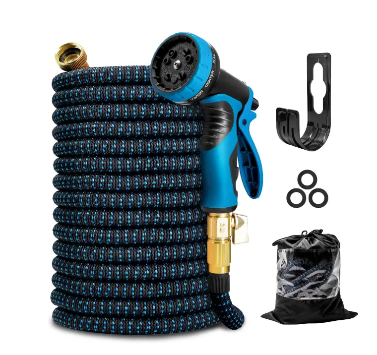 Kotto 50 ft Flexible Garden Hose, Water Hose for Outside with 10 Spray Nozzles, Brass Connector, Leak-Proof, Blue