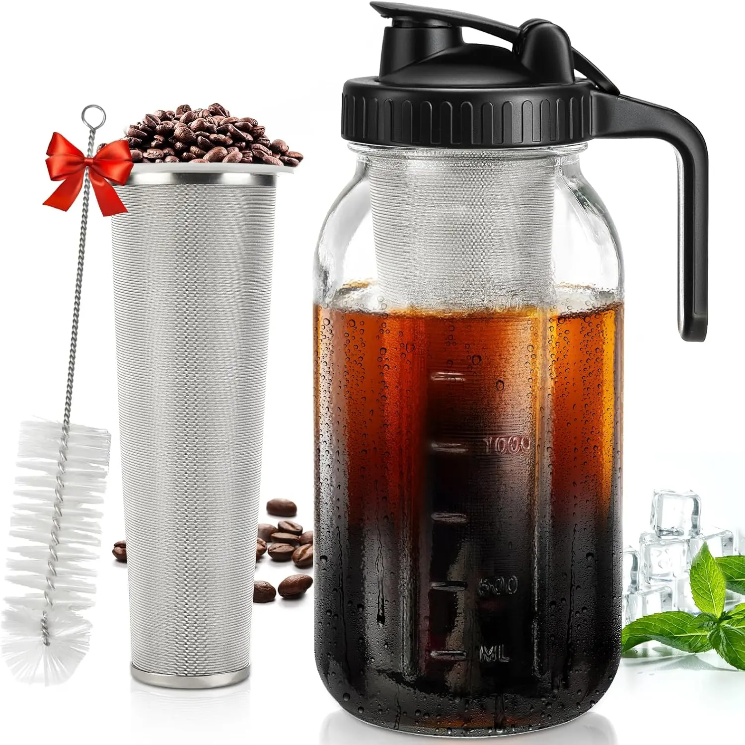 Cold Brew Coffee Maker Pitcher, 64 oz Iced Coffee Maker with Filter and Pour Spout Handle Lid, Thick Glass Mason Jar for Iced Coffee, Lemonade