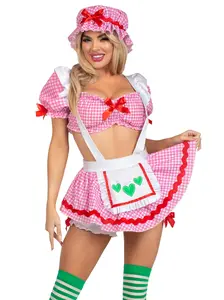 Leg Avenue Strawberry Babe Costume - Pink Gingham Crop Top, Suspender Skirt, & Bonnet - Cute Halloween & Cosplay Outfit for Women