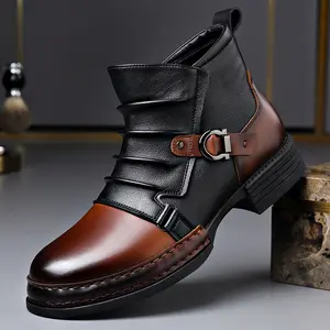 Men's New High-top Casual Leather Shoes Fashionable Versatile Boots Two-tone Personality Trendy Casual Shoes Four Seasons