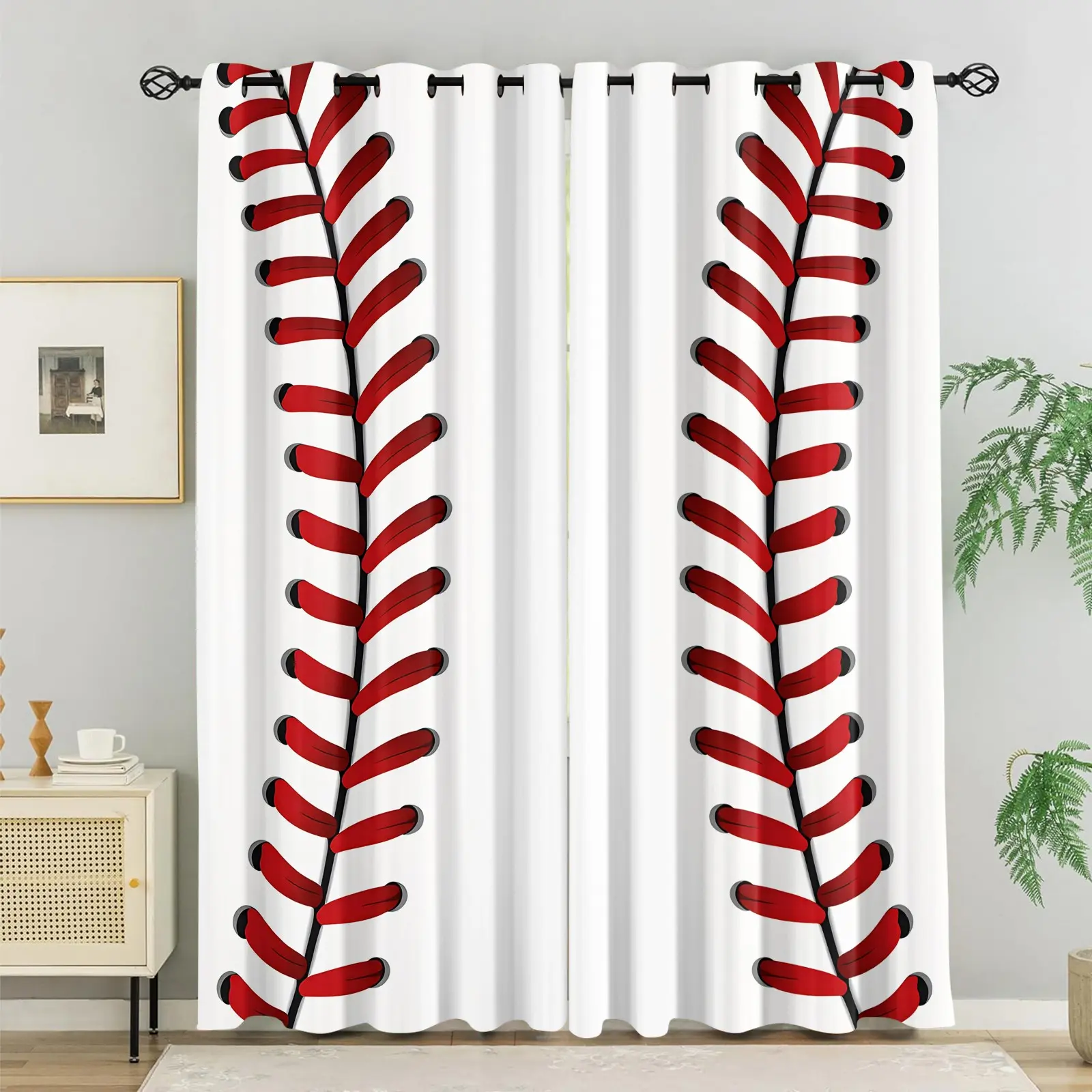 Baseball Stitch Print Blackout Grommet Curtains, Minimalist Sports Theme Window Drapes for Boys Bedroom, Man Cave, Baseball Fan Home Decor, 2 Panels, Blackout Window Cover
