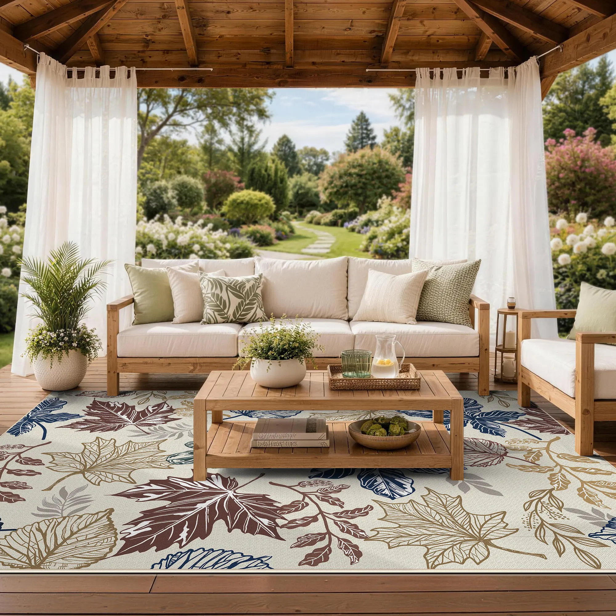 UKISS Foldable Boho Cozy Tropical Rustic Leaf-Inspired Washable Anti-Skid Portable Area Rug - 5ft×8ft, 8ft×10ft Sizes, Clearance Sale, Ideal for Patios, Plants-Friendly Use, Cozy Area Rug, Boho Washable Rugs