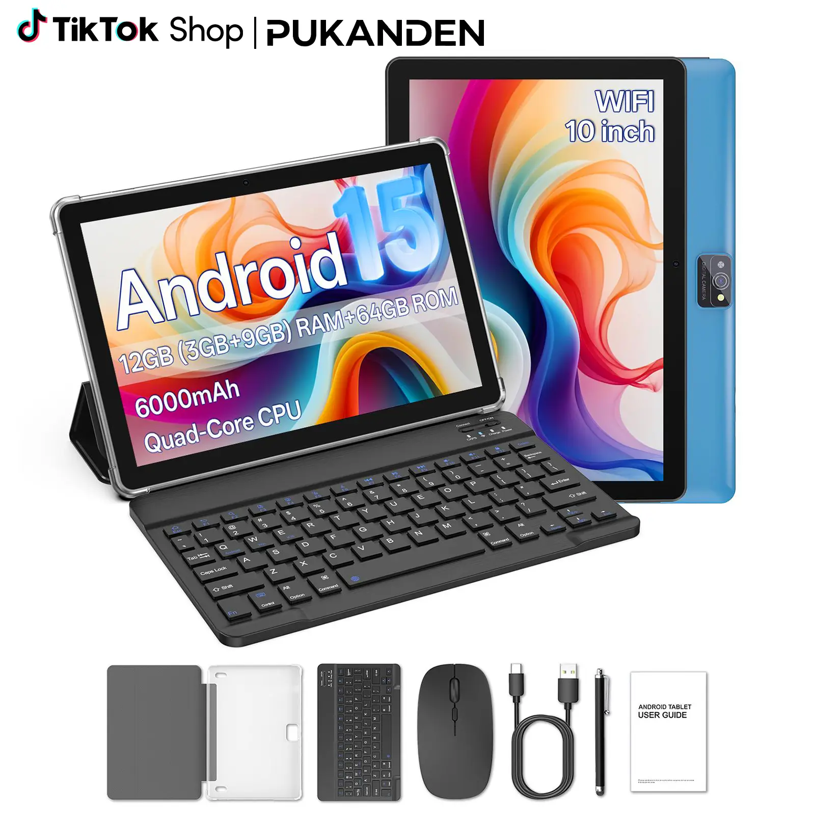 2026 10in Android 15 Tablet, 12(3+9)GB RAM 64GB ROM, 6000mAh Larger Battery, Type-C, Portable Device with Keyboard, Mouse, Case, Stylus, Dual Camera, Ideal for School, Work