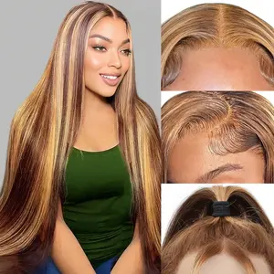 【30 Inch Only $99】Highlight Ombre Lace Front Wig Human Hair 30 inch 13x6 Straight/Body Wave/Deep Wave Highlight Wig Human Hair 150% Density 4/27 Colored Honey Blonde HD Lace Frontal Wigs For Women Glueless Pre Plucked with Baby Hair