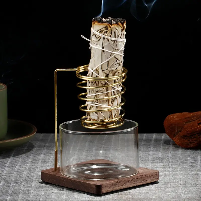 Metal Palo Santo Burner Stand with Glass Ash Tray, Sage Holder for Meditation Yoga Spa, Aromatherapy Incense Stick Holder, Fragrance Scented Incense, Home Scent, Woody