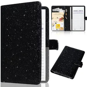 Elegant Glitter Black Server Book for Waitress with Zipper Pocket & Magnetic Closure - Compact Organizer Wallet for Efficient Task Management