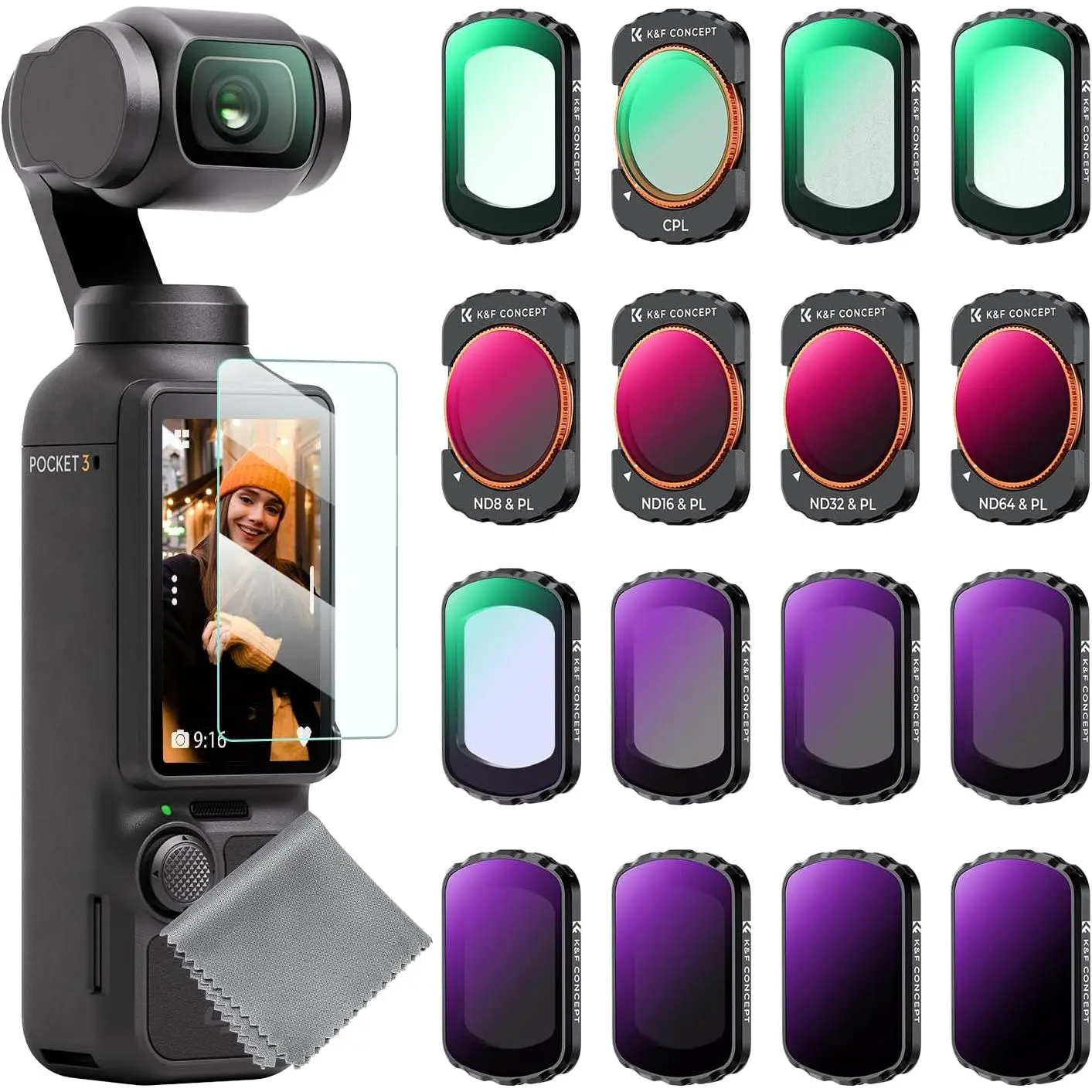 K&F CONCEPT 16-Pieces Magnetic Attach Ultra-Thin Optical Glass Camera Lens Filters for DJI Osmo Pocket 3/XTRA - ND, ND/PL, Diffusion 1/4 1/8, UV, CPL, Light Pollution Reduction, Protection Accessories (Black)