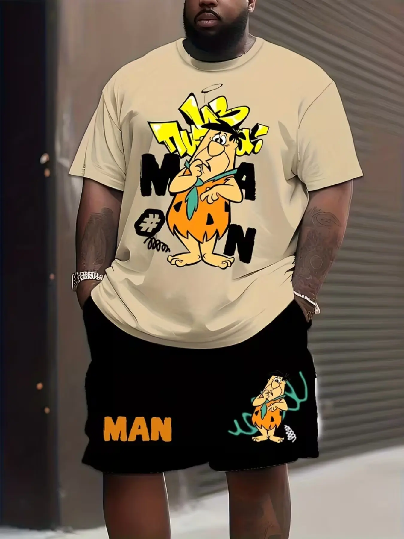 Big Size Cartoon Fashion Set, Casual Short Sleeve Tee & Track Shorts, Loose Fit Drop Waist for All Seasons