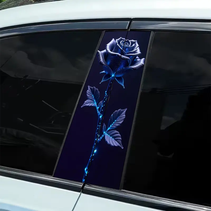 A blue neon rose-themed sticker, Graphic decal 2-piece B-pillar waterproof, scratch-resistant, suitable for all car models, Sedan, SUV, MPV Automobile Decals Car Vehicle Decoration Universal Car Sticker Stickers for Cars