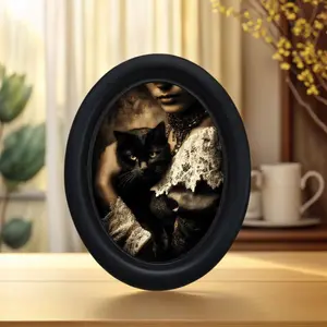 Victorian Style Mystery Girl and Cat Decorative Painting, Vintage Wall Art, Oval Frame Dark Theme Home Décor, Wall Hanging or Desk Ornament