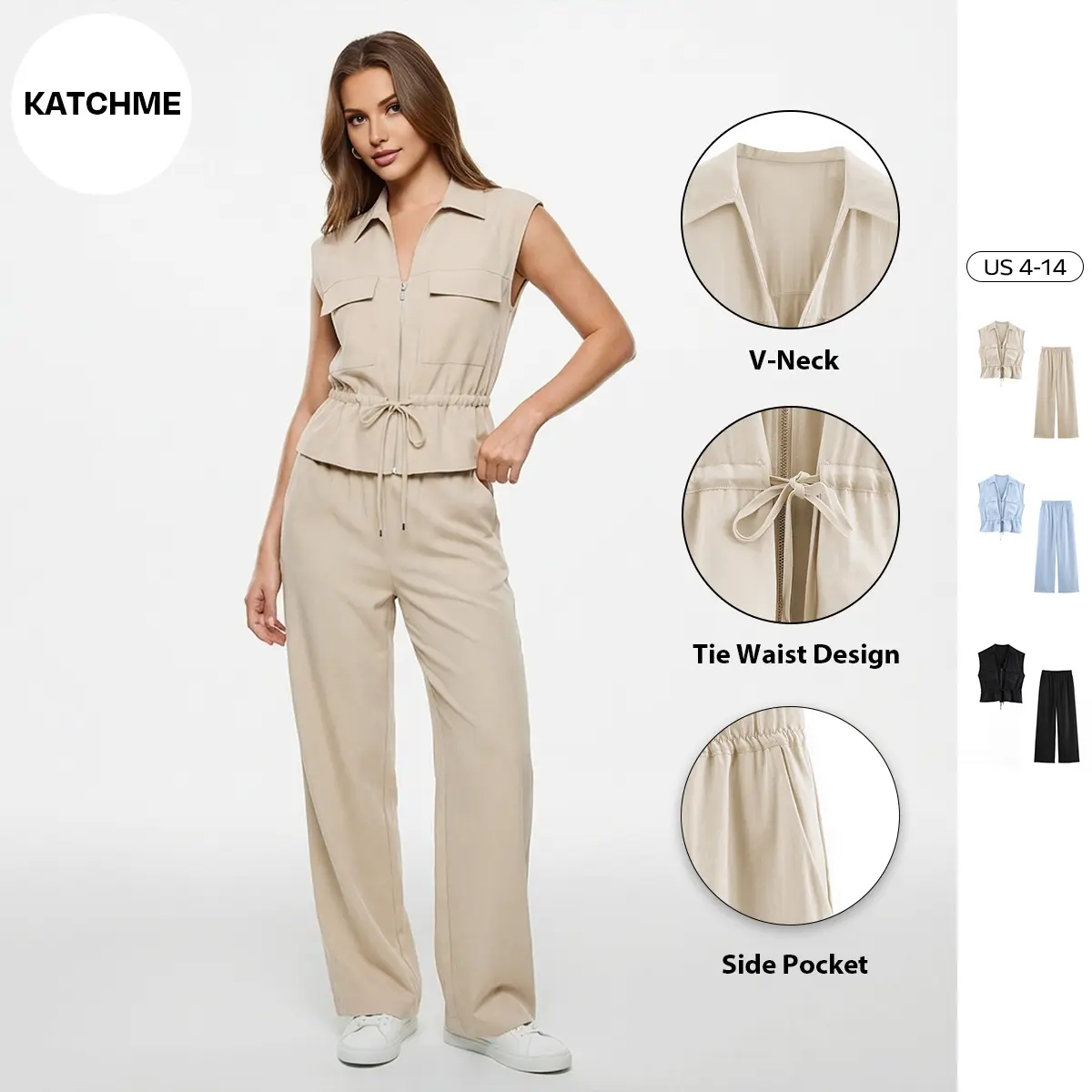 Katch Me Women's Versatile Solid Color Oversized V-Neck Zipper Tie Waist Top & Wide Leg Trousers Breathable Co-ord, Summer Wrinkle-Resistant Lightweight Two Piece Sets