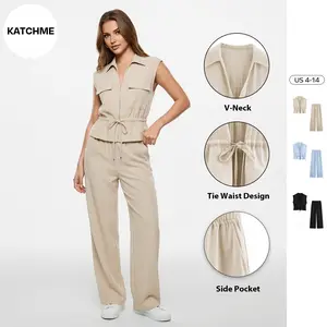 KatchMe Women's Versatile Solid Color V-Neck Zipper Tie Waist Top & Wide Leg Trousers Co-ord, Simple Style Sleeveless Blouse Summer Office Outfit