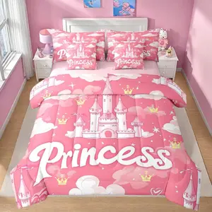 Feelyou Ultra Soft Girls Princess 7-Piece Castle Print Bedding Set - Multi-Size Romantic Theme Bed-in-A-Bag with Pink Magical Castle, Golden Crown, Cloud Comforter and Flat Sheet, Bedding Sheets, Microfiber Luxe
