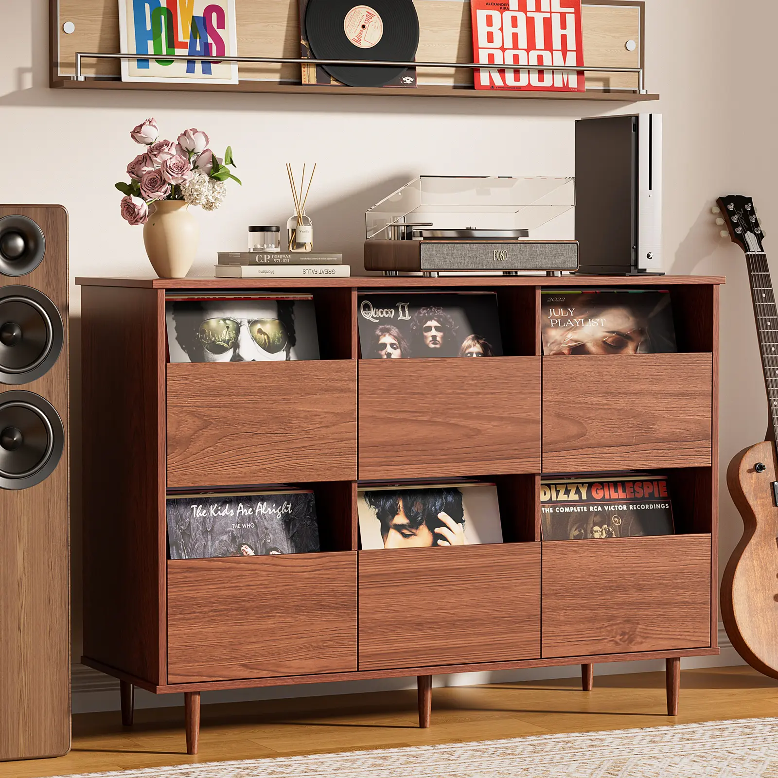 BROTTAR Large Record Player Stand with Vinyl Storage , 2-Tier Record Storage Cabinet, Mid Century Turntable Stand, Vinyl Record Storage with Shelves for Bedroom, Living Room, Office (Walnut)