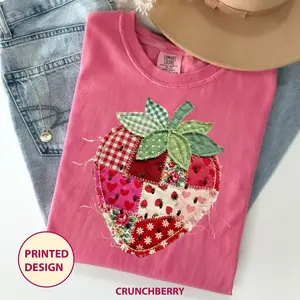 Comfort Colors Printed Strawberry T Shirt, Patchwork Quilted Farmhouse Berry Tee, Rustic Gingham Floral Cottagecore Aesthetic