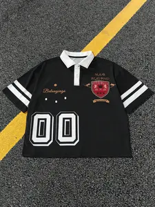 Men's Polo Shirt with Collar, White Striped Sleeves, Chest Print, Soft Casual Street Style, All Seasons Wear, Fashionable Outdoor Sports Top