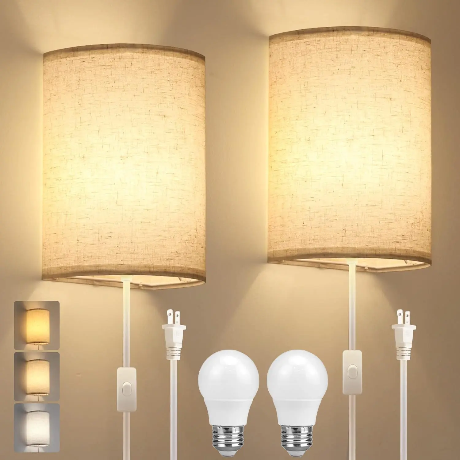 2-Pack Industrial Rustic Farmhouse Gooseneck Plug-in Wall Sconces, 3-Mode Beige Mood Lighting Fixtures with Plug-in Cord, On/Off Switch, Energy Saving Device for Headboard Bedroom, Windows, Basement, Workshop