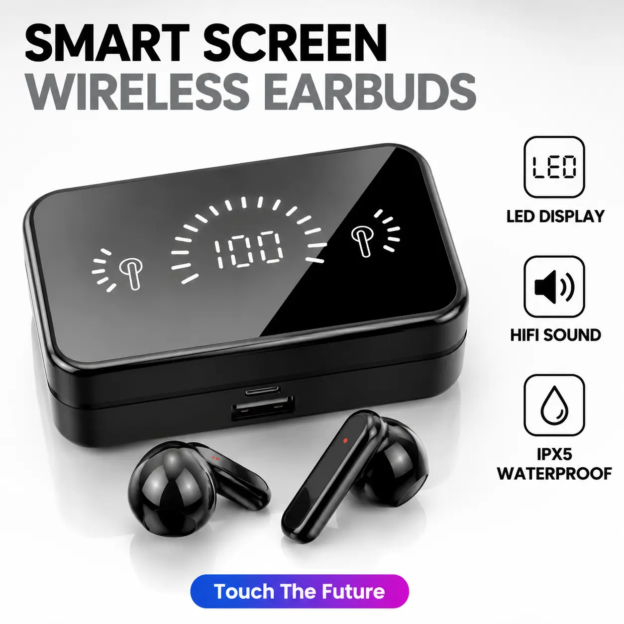 Greatwall Futuristic Smart Screen Wireless In-Ear Audio Earbuds, LED Touch Display Case, Bluetooth 5.4 HiFi Stereo Earphones, IPX5 Waterproof, Fast Charging, All-Day Comfort, Compatible with Mobile Devices (No 3.5mm Port)