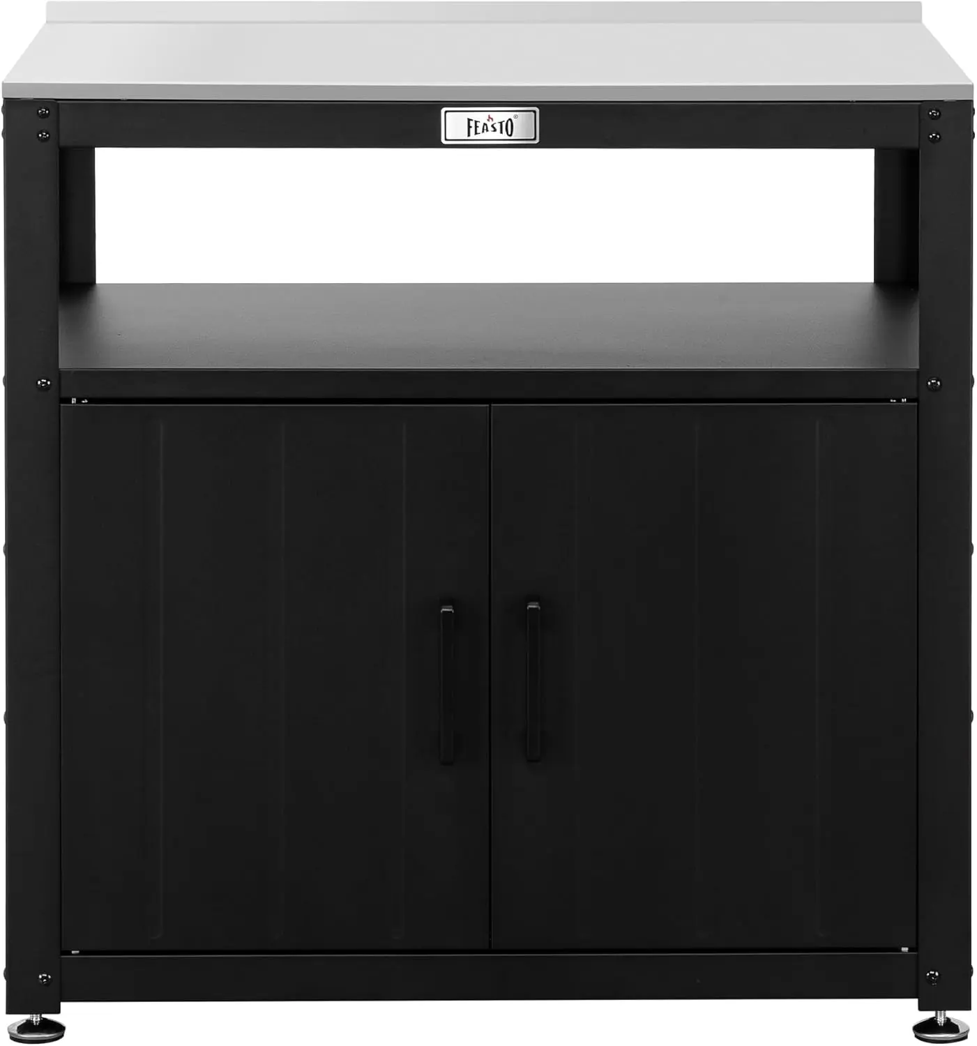 Feasto Metal Outdoor Potting Bench with Storage Cabinet, Stainless Steel Top, Open Middle Shelf, Raised Edge & Adjustable Legs for Patio, Lawn, Garden Work