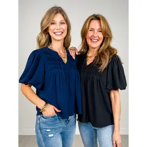 Puff Sleeve Woven Pintuck Detail with Neck Tie Top